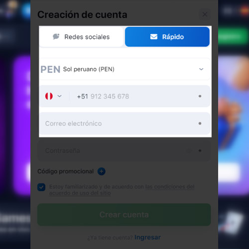 Introduce tus datos en el formulario de registro de 1Win